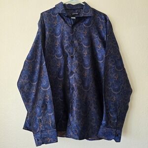 Barry Wang Men's 3XL Blue Paisley Long Sleeve Button Down‎ Dress Shirt Jacquard